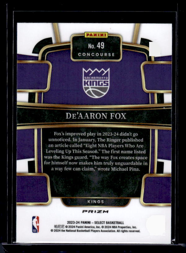 2023-24 Panini Select #49 De'Aaron Fox Blue Prizms
