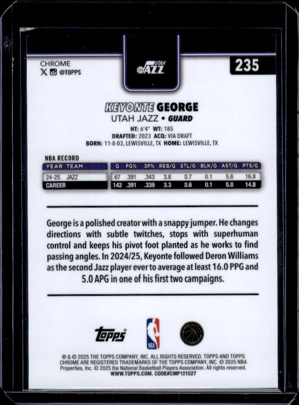 2025-26 Topps Chrome #235 Keyonte George Blue X-Fractor