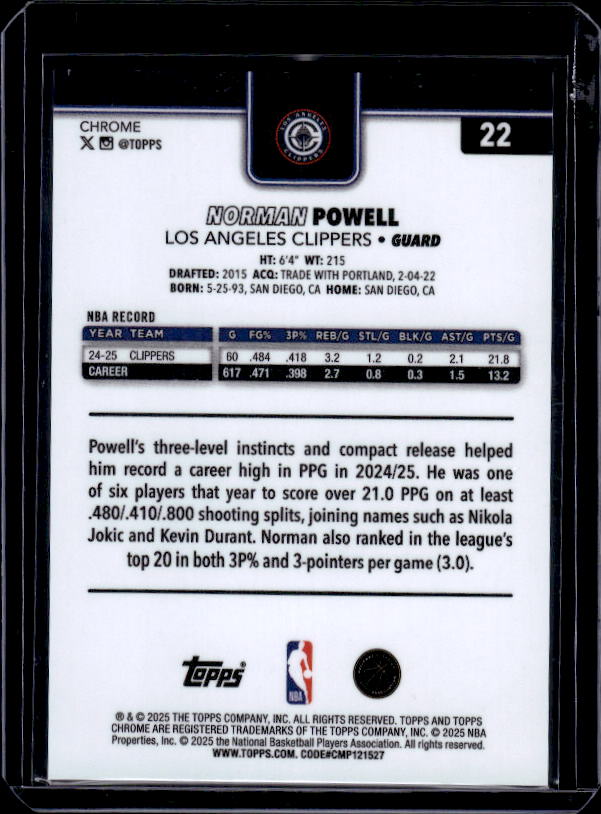 2025-26 Topps Chrome #22 Norman Powell Blue X-Fractor