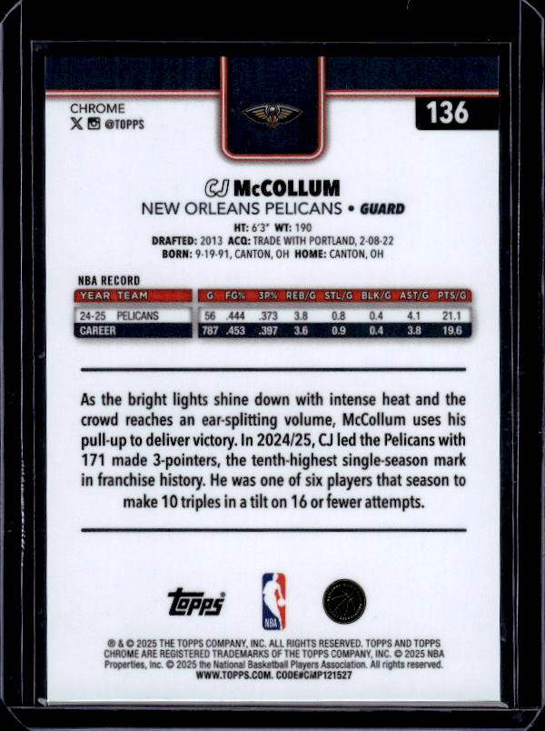 2025-26 Topps Chrome #136 CJ McCollum Blue X-Fractor