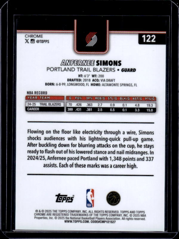 2025-26 Topps Chrome #122 Anfernee Simons Blue X-Fractor
