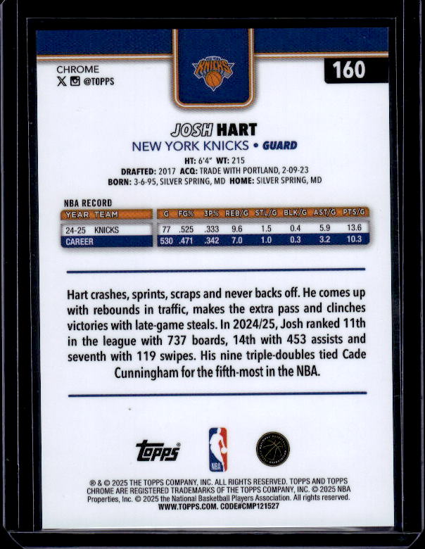 2025-26 Topps Chrome #160 Josh Hart Blue X-Fractor