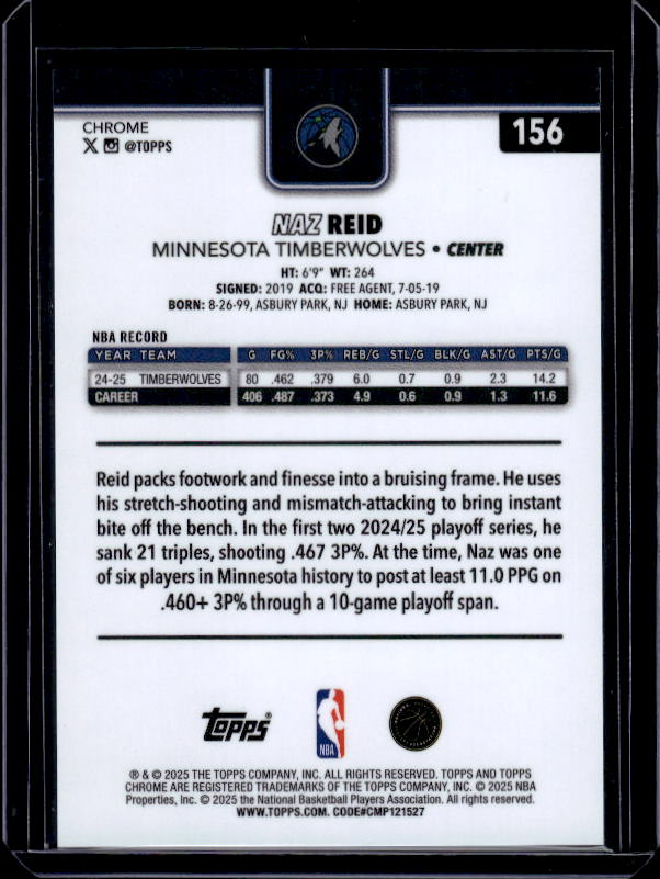 2025-26 Topps Chrome #156 Naz Reid Blue X-Fractor