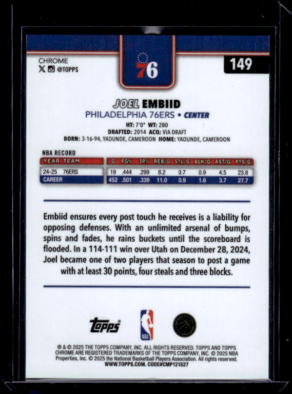 2025-26 Topps Chrome #149 Joel Embiid Blue X-Fractor