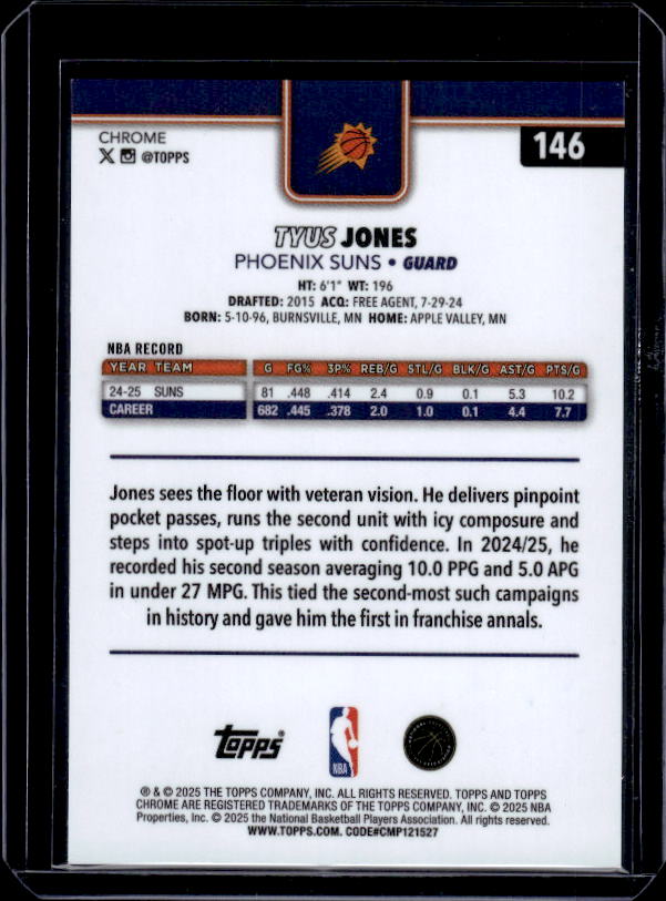 2025-26 Topps Chrome #146 Tyus Jones Blue X-Fractor