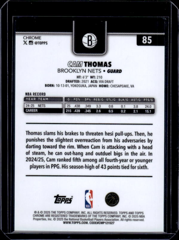 2025-26 Topps Chrome #85 Cam Thomas Blue X-Fractor