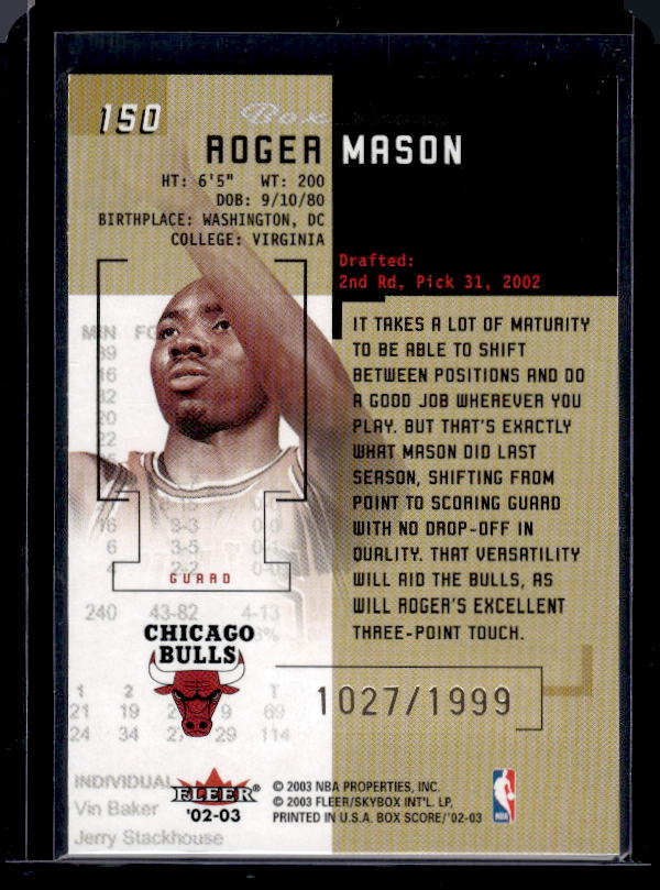 2002-03 Fleer Box Score #150 Roger Mason #/1999