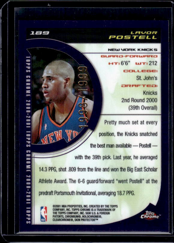 2000-01 Topps Chrome #189 Lavor Postell #/1999