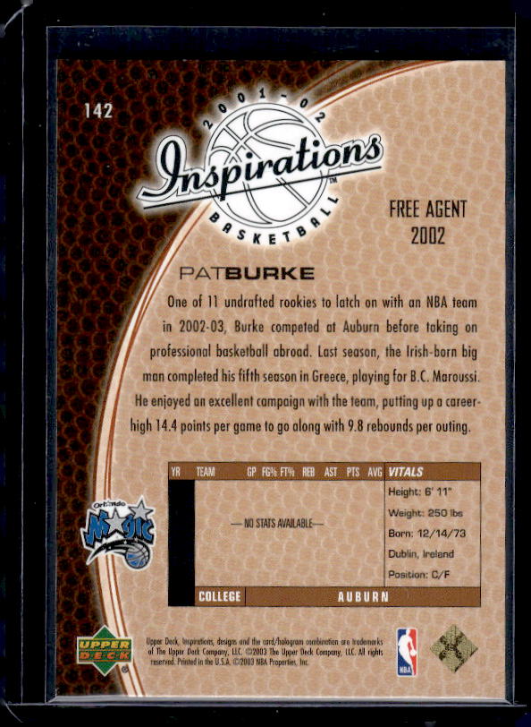 2001-02 Upper Deck Inspirations #142 Pat Burke #/2999