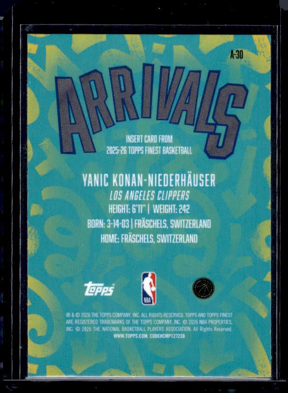 2025-26 Finest #A-30 Yanic Konan Niederhäuser Arrivals