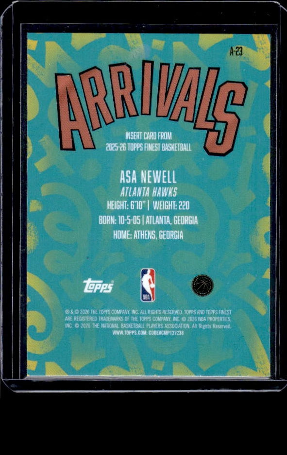2025-26 Finest #A-23 Asa Newell Arrivals