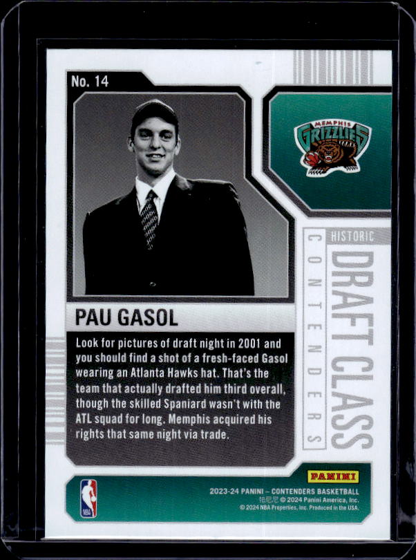 2023-24 Panini Contenders #14 Pau Gasol Historic Draft Class Contenders