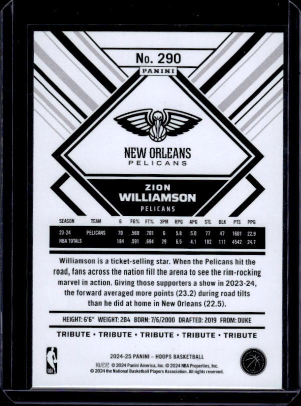 2024-25 Hoops #290 Zion Williamson