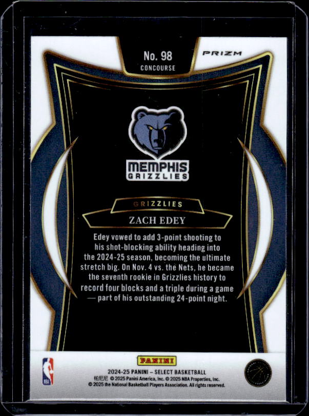 2024-25 Panini Select #98 Zach Edey Red Cracked Ice Prizm