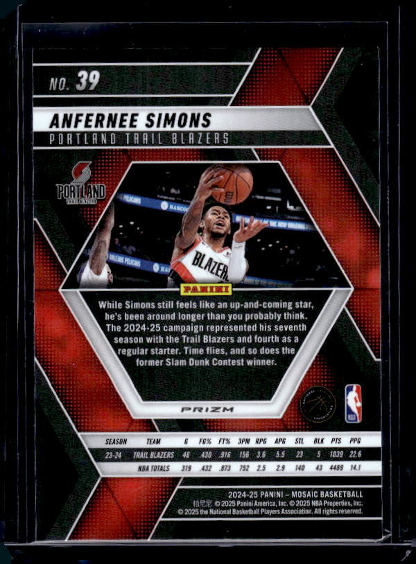 2024-25 Panini Mosaic #39 Anfernee Simons Green Mosaic