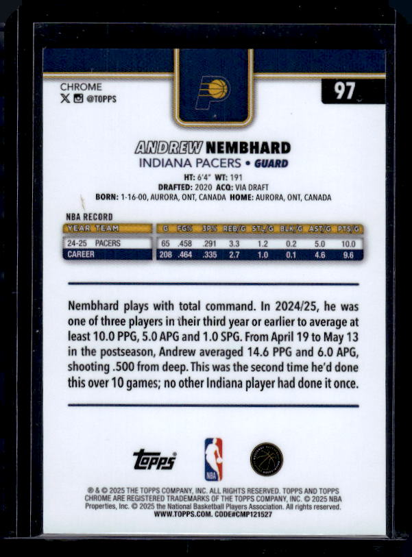 2025-26 Topps Chrome #97 Andrew Nembhard Red White and Blue Refractor