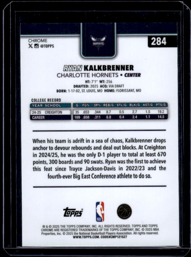 2025-26 Topps Chrome #284 Ryan Kalkbrenner Red White and Blue Refractor