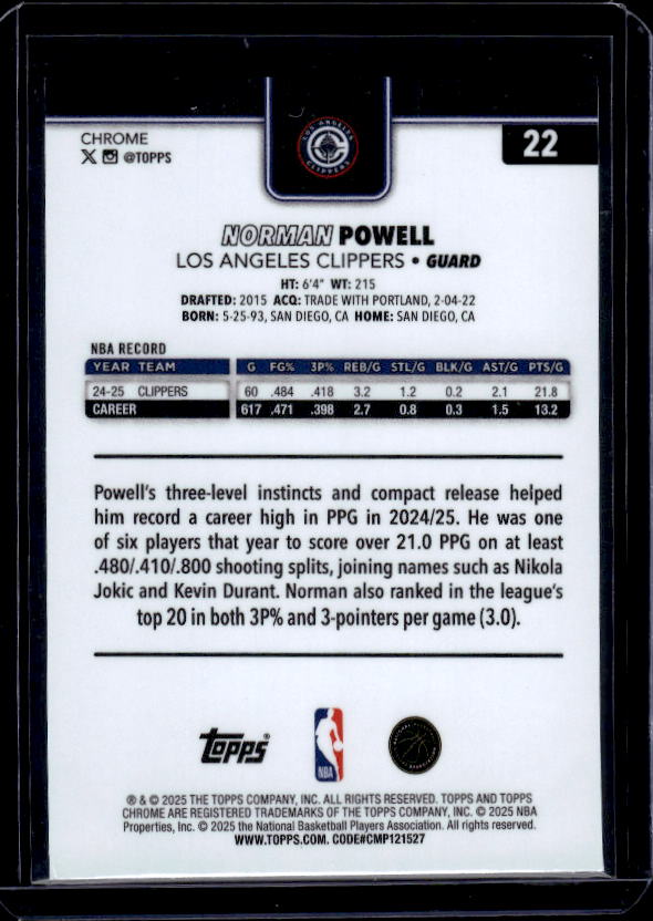 2025-26 Topps Chrome #22 Norman Powell Red White and Blue Refractor