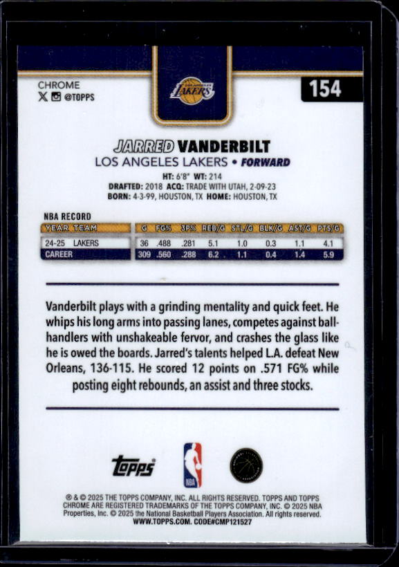 2025-26 Topps Chrome #154 Jarred Vanderbilt Red White and Blue Refractor
