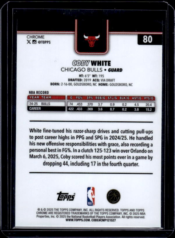 2025-26 Topps Chrome #80 Coby White Refractor