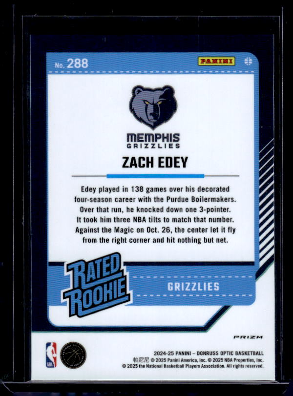 2024-25 Donruss Optic #288 Zach Edey Holo