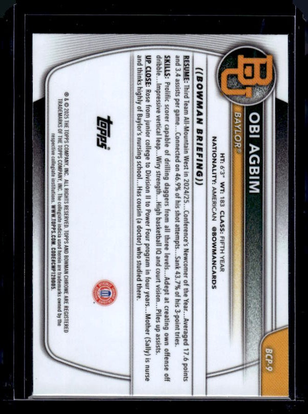 2025-26 Bowman #BCP-9 Obi Agbim Chrome Prospects Reptilian Refractor