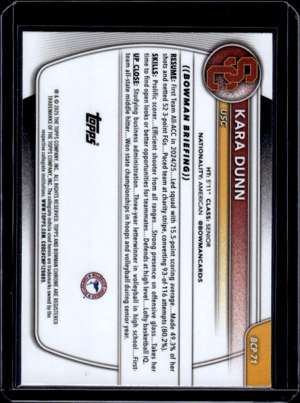 2025-26 Bowman #BCP-71 Kara Dunn Chrome Prospects Reptilian Refractor