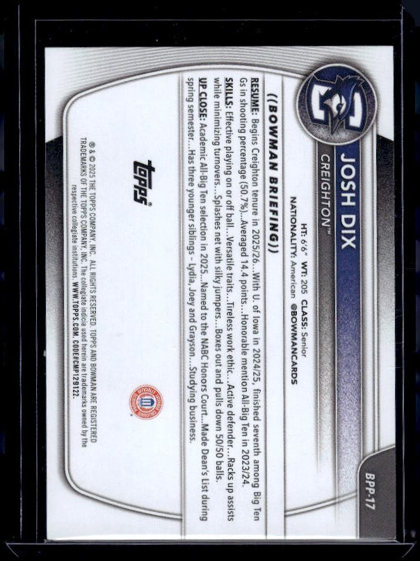 2025-26 Bowman #BPP-17 Josh Dix Prospects