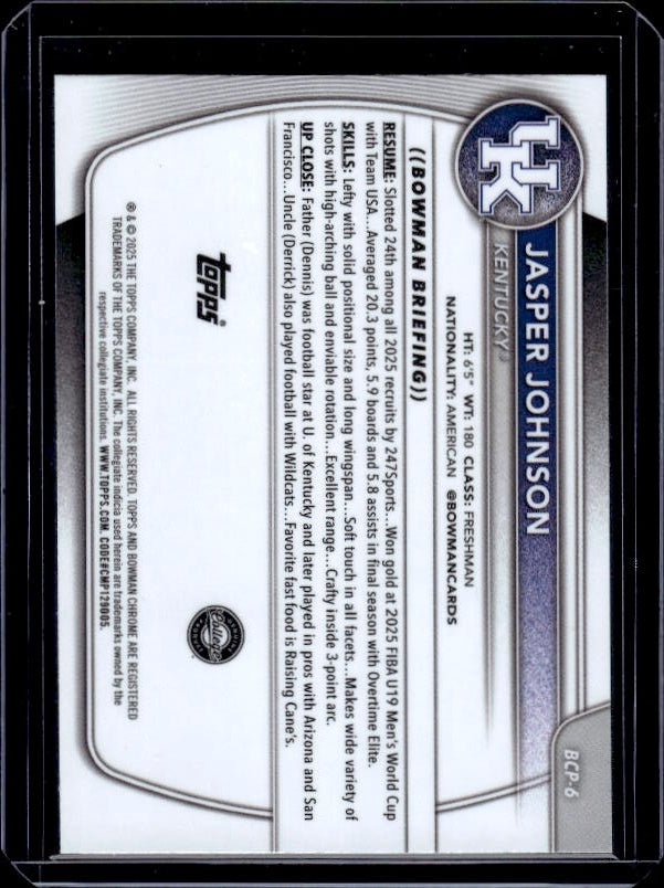 2025-26 Bowman #BCP-6 Jasper Johnson Chrome Prospects Reptilian Refractor