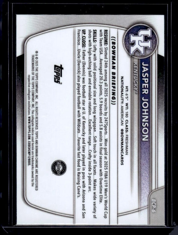 2025-26 Bowman #BCP-6 Jasper Johnson Chrome Prospects Yellow Refractor #/75