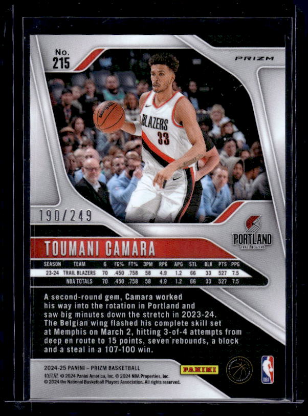 2024-25 Panini Prizm #215 Toumani Camara Prizms Pink #/249