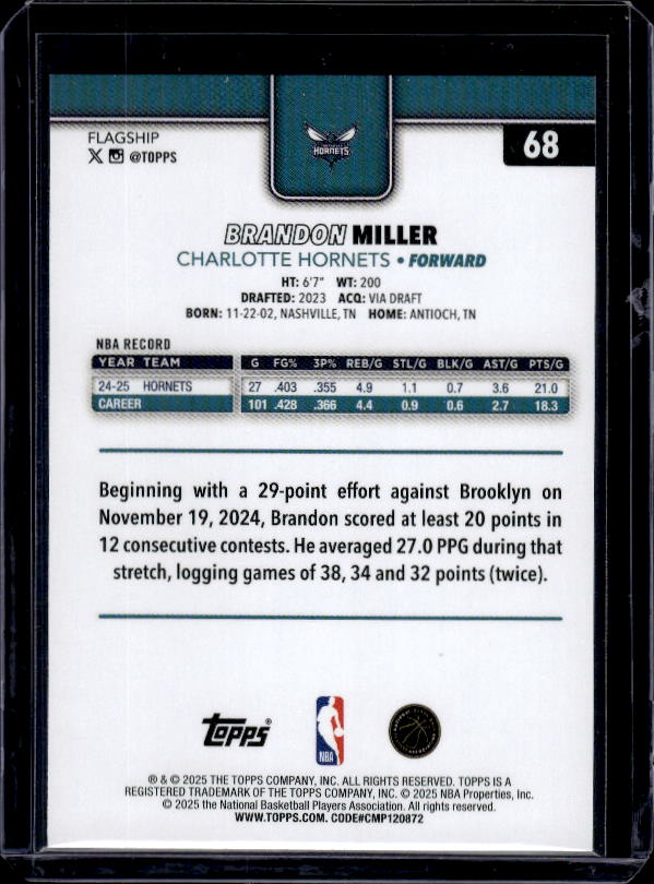 2025-26 Topps #68 Brandon Miller Blue Rainbow #/150