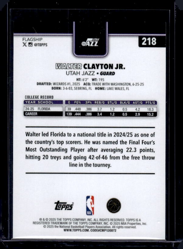 2025-26 Topps #218 Walter Clayton Jr. Gold #/2025