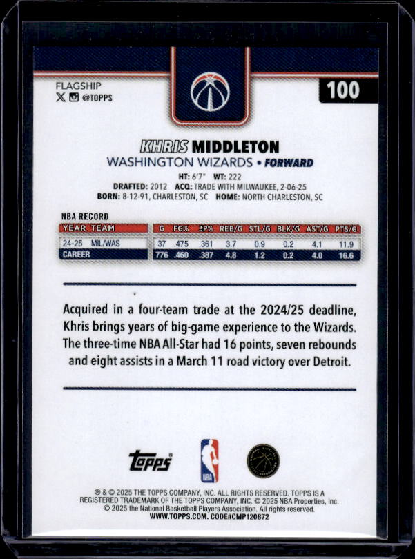 2025-26 Topps #100 Khris Middleton Gold #/2025