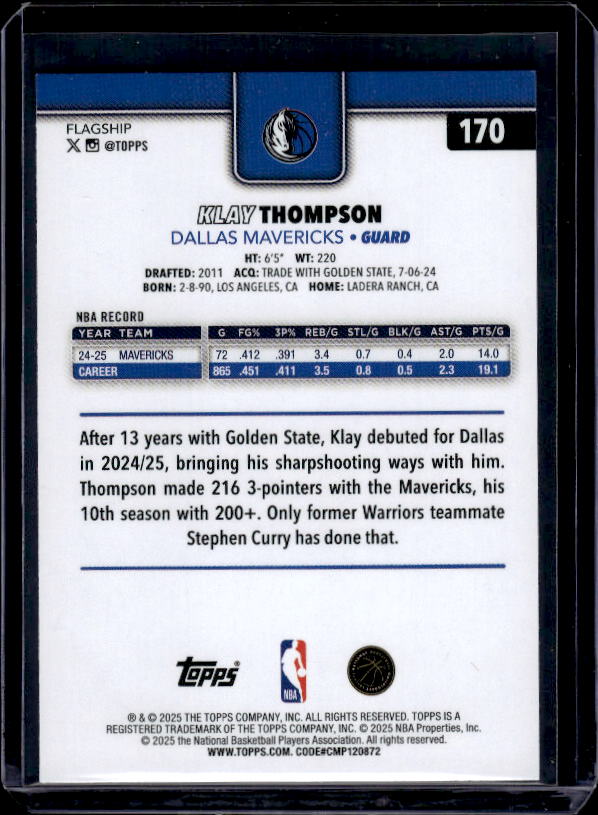 2025-26 Topps #170 Klay Thompson Gold #/2025
