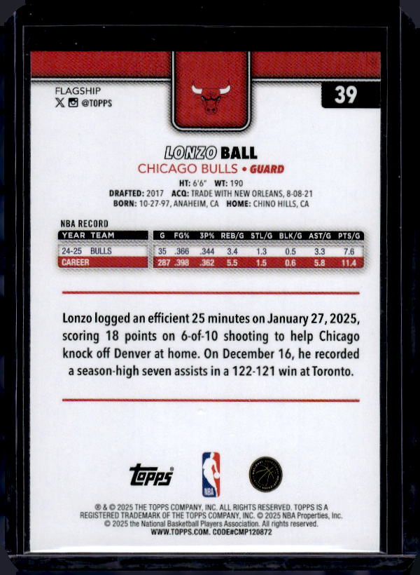 2025-26 Topps #39 Lonzo Ball Gold #/2025