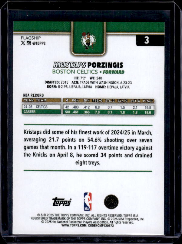 2025-26 Topps #3 Kristaps Porzingis Gold #/2025