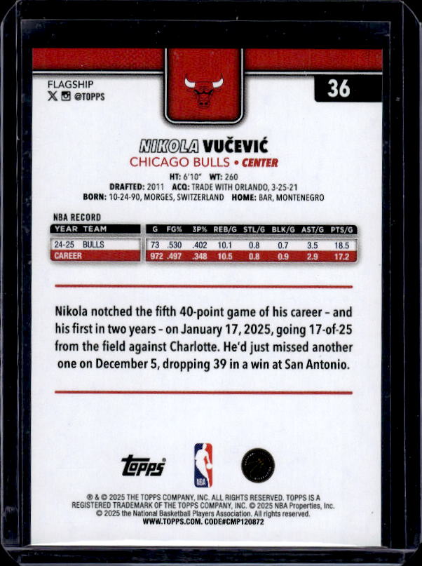 2025-26 Topps #36 Nikola Vučević Gold #/2025