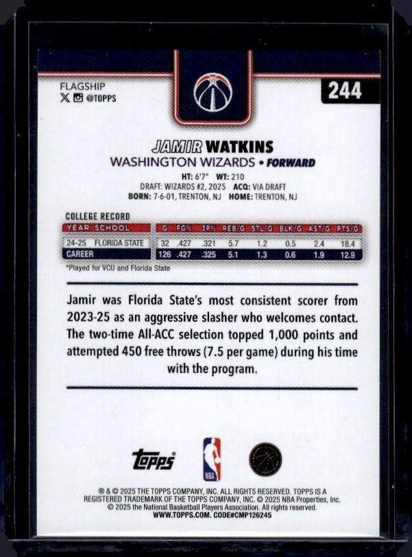 2025-26 Topps #244 Jamir Watkins Team Color Border