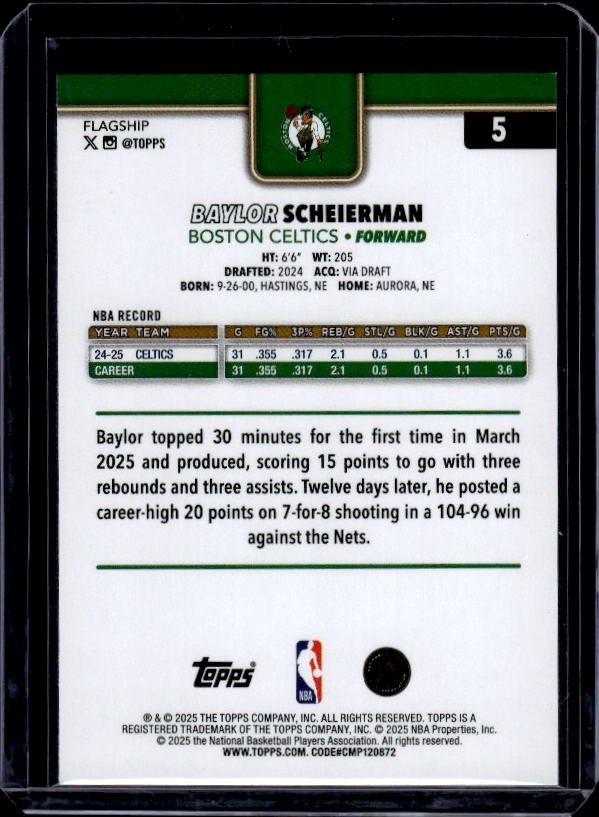 2025-26 Topps #5 Baylor Scheierman Blue Rainbow #/150