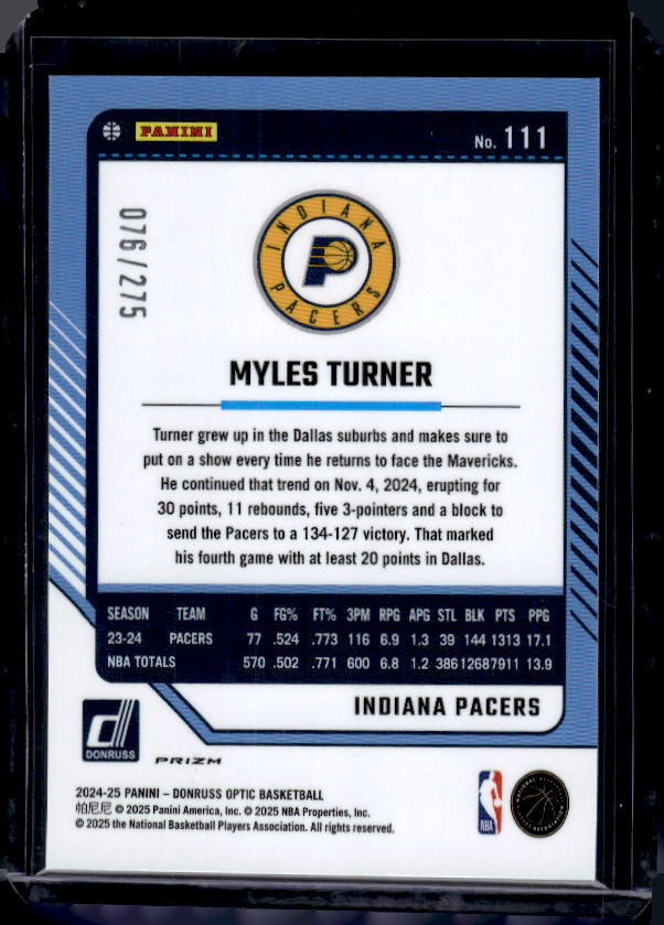 2024-25 Donruss Optic #111 Myles Turner Pink Glitter #/275