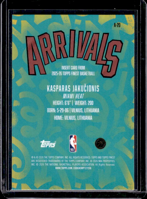 2025-26 Finest #A-20 Kasparas Jakucionis Arrivals X-Fractor