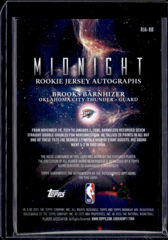 2025-26 Topps Midnight #RJA-BB Brooks Barnhizer Rookie Jersey Autographs