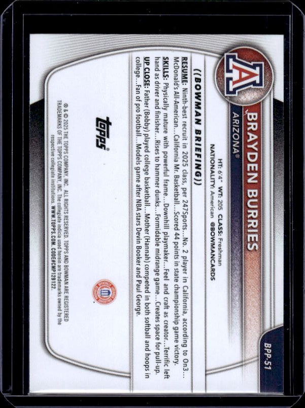 2025-26 Bowman #BPP-51 Brayden Burries Prospects