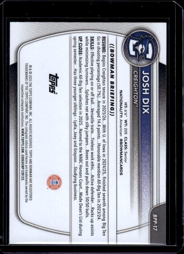 2025-26 Bowman #BPP-17 Josh Dix Prospects