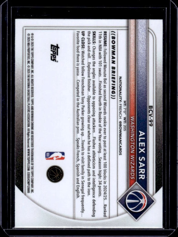 2025-26 Bowman #BCV-99 Alex Sarr Chrome Reptilian Refractor