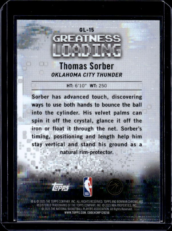 2025-26 Bowman #GL-15 Thomas Sorber Greatness Loading
