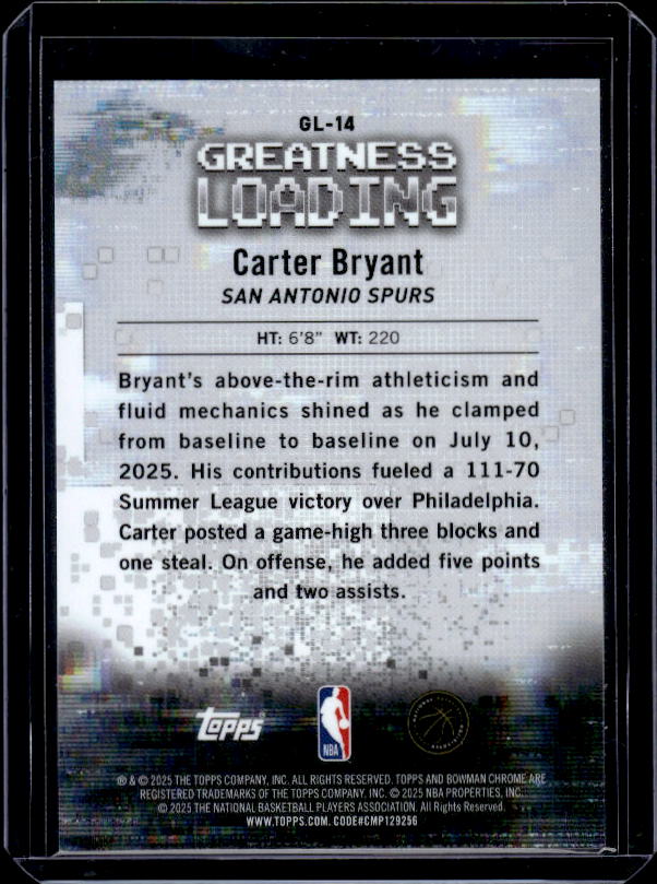 2025-26 Bowman #GL-14 Carter Bryant Greatness Loading