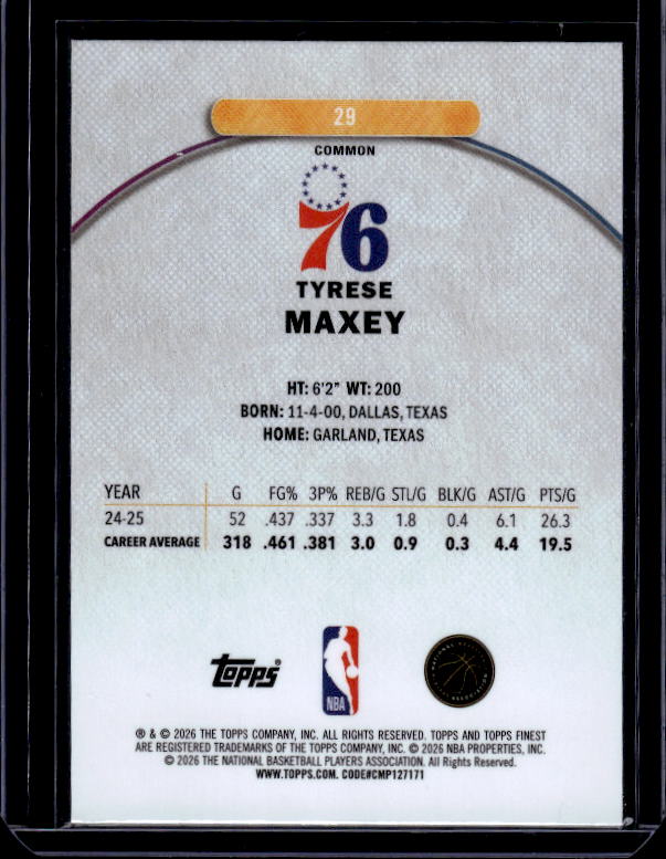 2025-26 Finest #29 Tyrese Maxey