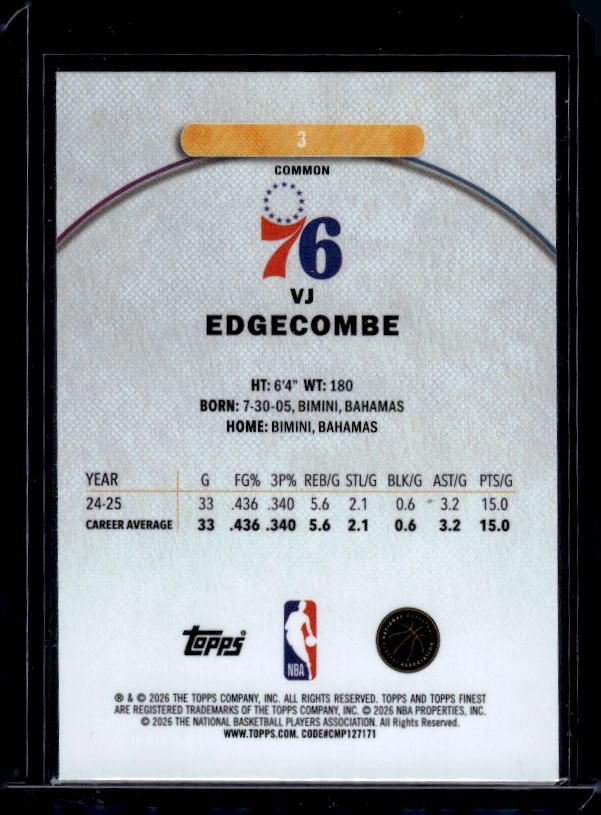 2025-26 Finest #3 VJ Edgecombe
